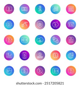 Bitcoin line vector icons on color gradient rounds isolated on white background. Cryptocurrency outline icon set for web and ui design