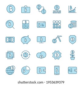 bitcoin line vector icons in two colors isolated on white background. bitcoin cryptocurrency blue icon set for web design, ui, mobile apps and print