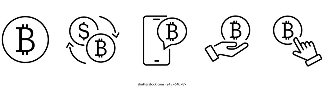 Bitcoin linear icon set. Open hand with coin, smartphone bitcoin vector, exchange dollar and crypto token, Hand point to coin.