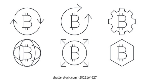 Bitcoin linear icons. Cryptocurrency sign variations. Digital cryptographic currency bitcoin. Vector illustration