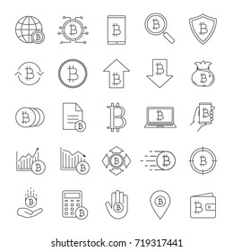 Bitcoin linear icons set. Cryptocurrency. Digital payment system. Thin line contour symbols. Isolated vector outline illustrations. Editable stroke