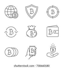 Bitcoin linear icons set. Cryptocurrency. Thin line contour symbols. Global bitcoin, safe payments, searching, exchange rate, money bag, wallet, coins. Isolated vector outline illustrations