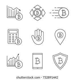 Bitcoin linear icons set. Cryptocurrency. Thin line contour symbol. Bitcoin rising and falling, spending, safe payment, calculations, ATM location, digital wallet. Isolated vector outline illustration