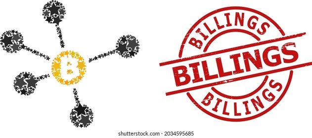 Bitcoin verbindet Sternmuster und Grunge Billings Siegel. Rotes Siegel mit Grunge-Oberfläche und Billings-Tag im Kreis.