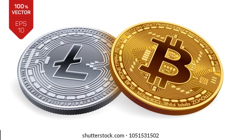 Bitcoin. Litecoin. 3D isometric Physical coins. Digital currency. Cryptocurrency. Silver coin with Litecoin symbol and golden coin with bitcoin symbol isolated on white background. Vector illustration