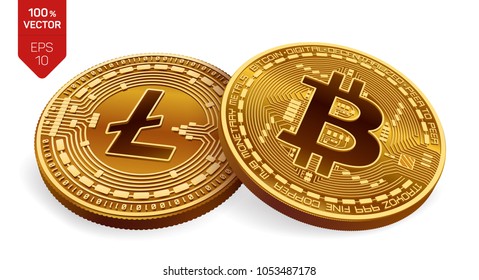 Bitcoin. Litecoin. 3D isometric Physical coins. Digital currency. Cryptocurrency. Golden coins with Litecoin and Bitcoin symbol isolated on white background. Vector illustration.