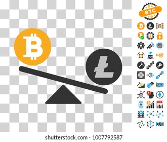 Bitcoin Litecoin Balance Swing pictograph with bonus bitcoin mining and blockchain pictographs. Vector illustration style is flat iconic symbols. Designed for blockchain apps.