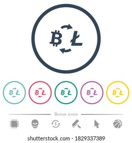 Bitcoin Litecoin intercambia iconos de color plano en contornos redondos. 6 iconos de bonificación incluidos.