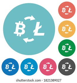 Bitcoin Litecoin exchange flat white icons on round color backgrounds