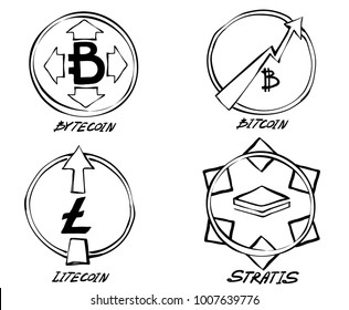Bitcoin, Litecoin, Stratis, Bytecoin image. Diagram pictograph hand drawing 
 for mining icons. Vector ink illustration style symbols. Designed for crypto-currency websites.