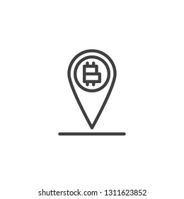 Bitcoin location pin line icon. linear style sign for mobile concept and web design. Bitcoin and map marker outline vector icon. Cryptocurrency map pointer symbol, logo illustration. Pixel perfect