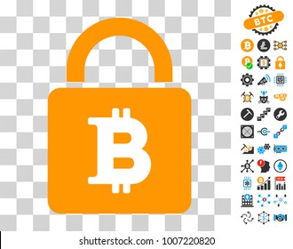 Bitcoin Lock icon with bonus bitcoin mining and blockchain graphic icons. Vector illustration style is flat iconic symbols. Designed for bitcoin software.