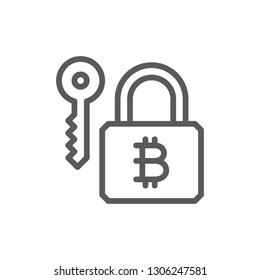 Bitcoin lock with key, cryptocurrency, blockchain line icon.