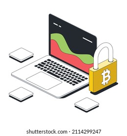 Bitcoin lock, laptop screen charts. Vector 3d sketch line isometric style, color icon illustration. Creative design idea and infographics elements.