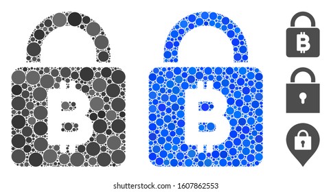 Bitcoin lock mosaic of filled circles in various sizes and color tones, based on Bitcoin lock icon. Vector filled circles are combined into blue composition.