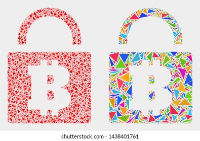 Bitcoin lock mosaic icon of triangle items which have variable sizes and shapes and colors. Geometric abstract vector illustration of bitcoin lock.