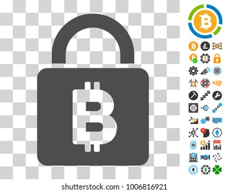 Bitcoin Lock pictograph with bonus bitcoin mining and blockchain symbols. Vector illustration style is flat iconic symbols. Designed for blockchain software.