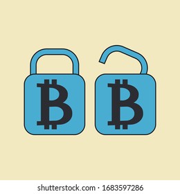 Icono de seguridad de bloqueo y desbloqueo de bitcoin ilustración vectorial