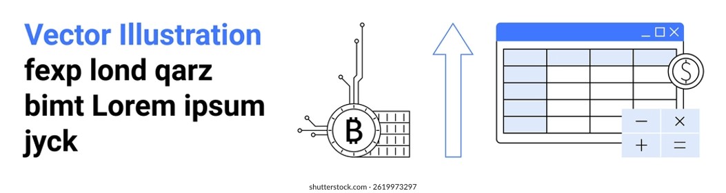 Bitcoin logo with circuit, upward growth arrow, calculator, and data table. Ideal for cryptocurrency, investment, financial growth, accounting, data analysis, fintech, and education. Landing page