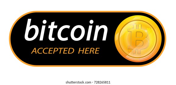 Bitcoin logo of crypto currency with an inscription accepted here on a black background. Block sticker for slabbarking organizations for web pages or printing. Logo bitcoins .Vector illustration.