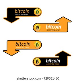 Bitcoin logo of crypto currency with an inscription accepted here on a black background. Block sticker for slabbarking organizations for web pages or printing. Logo bitcoins .Vector illustration.