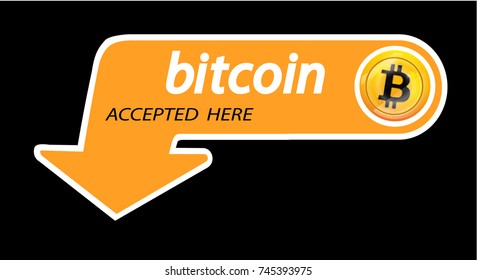 Bitcoin logo of crypto currency with an inscription accepted here on a black background. Block sticker for slabbarking organizations for web pages or printing. Logo bitcoins .Vector illustration.