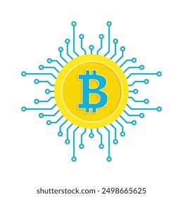 Logotipo de Bitcoin. Criptomoneda con chip, Ilustración vectorial plana