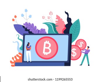 Bitcoin logo, cryptocurrency on laptop screen and people vector