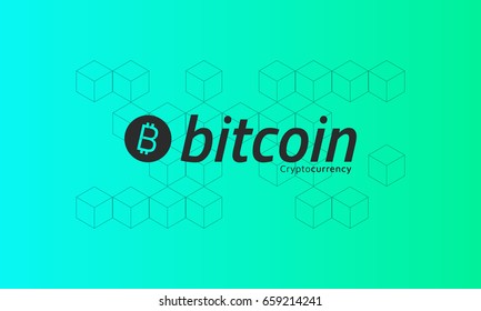 Bitcoin logo. Cubic isometric pattern. Green background.  Editable eps10 vector.