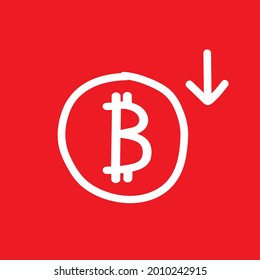 Bitcoin logo design. Bitcoin doodle symbol. Bitcoin Currency Symbol with Red Arrow Down.