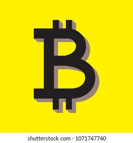 Bitcoin logo. Digital currency. Black sign with gray shadow on the yellow background. Money icon. Vector illustration.
