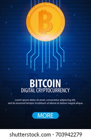 Bitcoin logo and emblem. Digital cryptocurrency. Technology banner