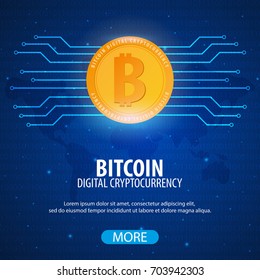 Bitcoin logo and emblem. Digital cryptocurrency. Technology banner