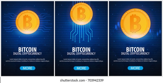 Bitcoin logo and emblem. Digital cryptocurrency. Technology banner