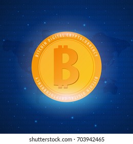 Bitcoin logo and emblem. Digital cryptocurrency. Technology banner