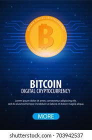 Bitcoin logo and emblem. Digital cryptocurrency. Technology banner