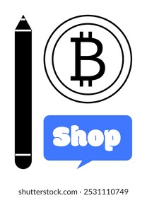 Bitcoin logo enclosed in a circle, a vertical pen to the left, and a blue speech bubble with the word Shop. Ideal for digital currency, online commerce, technology, shopping, modern finance. Simple