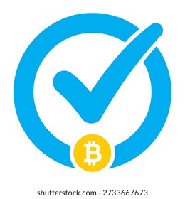 Símbolo de aprovação do logotipo Bitcoin dentro de uma marca de verificação azul