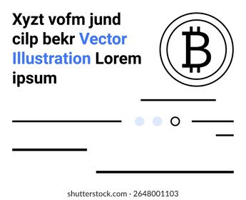 Logotipo Bitcoin dentro de um círculo, blocos de texto horizontais e pontos em várias configurações. Ideal para criptomoeda, tecnologia moderna, blockchain, moeda digital, finanças, fintech, transações on-line