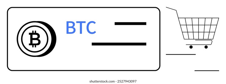 Bitcoin logo next to the text BTC and horizontal lines resembling a card. An empty shopping cart on the right suggests online shopping. Ideal for cryptocurrency, e-commerce, online payment, Bitcoin