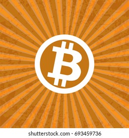 Bitcoin logo on orange background. orange rays