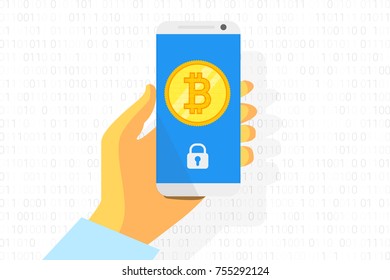bitcoin logo on smartphone background. Gold coin. Concept for internet banking. Vector illustration