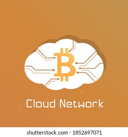 Bitcoin logo on white cloud with circuits. Orange gradient background. Cloud technology concept.