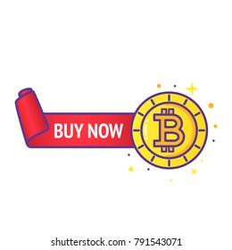 Bitcoin logo with red ribbon. Cryptocurrency sigh. Digital money. Block chain, finance symbol. Flat line style vector illustration