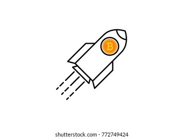 Bitcoin Logo with rocket in line art vector illustration