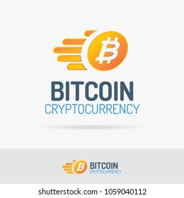 Bitcoin logo set color style with flying coin. Cryptocurrency logotype for digital money, block chain, finance company. Vector illustration 10 eps