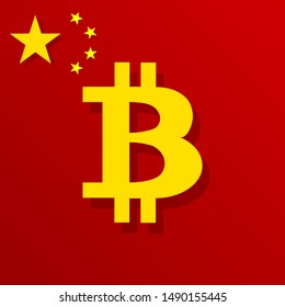 Bitcoin logo with shadows on china flag.