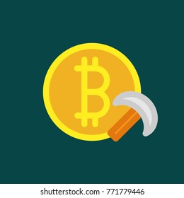 Bitcoin logo sign icon for internet money. Crypto currency coin symbol for using in web projects or mobile applications. With Mining Tool Illustration.