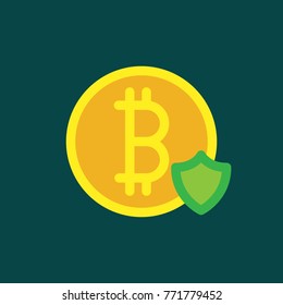 Bitcoin logo sign icon for internet money. Crypto currency coin symbol for using in web projects or mobile applications. With Secure Shield Illustration.