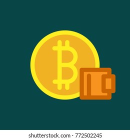 Bitcoin logo sign icon for internet money. Crypto currency coin symbol for using in web projects or mobile applications. with wallet illustration.